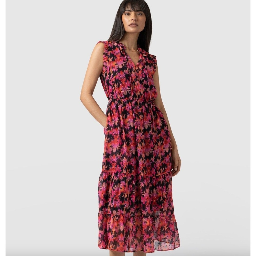 SAINT‎ & SOFIA Ramona Dress Sleeveless Frilly Sheer Red Floral Maxi Size 6